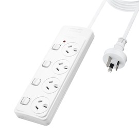 Power Board Surge Protection with Indicator White 10A 240V 1M 4 Individually Switched Outlet SAA
