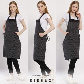 BIGHAS Adjustable Bib Apron with Pocket, Extra Long Ties for Women and Men, Black and White Stripe