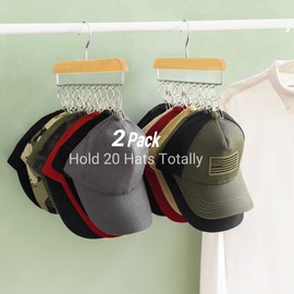 Mkono Hat Hangers for Closet Set of 2 Wooden Hat Racks Organizer for Baseball Caps with 20 Stainless Steel Clips, Baseball Hat Holder for Closet Storage, Fits All Caps, Wood Color