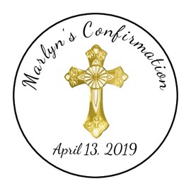 PartyMommy 30 Confirmation Stickers labels favors gold cross round Baptism Communion 1.5"
