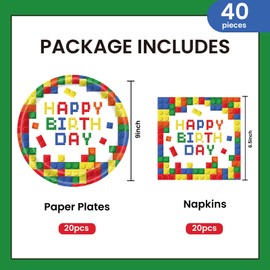 40Pcs Building Block Plates and Napkins Party Supplies, Disposable Colorful Building Block Birthday Party Plates Napkins Tableware Set for Boys Birthday Party Decorations Serve 20 (Building Block)