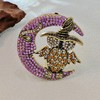 Vintage-Style Halloween Owl and Moon Brooch, Crystal Rhinestone Pin, Purple