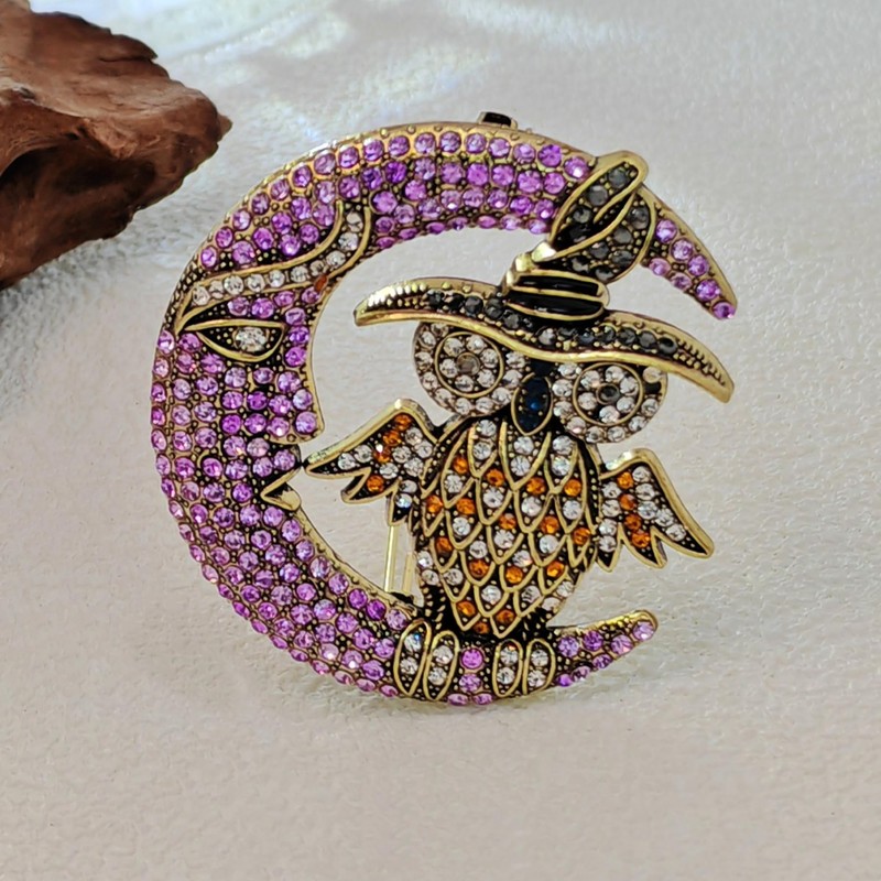 Vintage-Style Halloween Owl and Moon Brooch, Crystal Rhinestone Pin, Purple