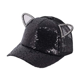 Giovacker Kids Unisex Shiny Sequins Mesh Baseball Cap Cat Ears Shimmer Rhinestones Peak Cap Adjustable Sun Hat Black