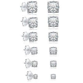 JDGEMSTONE Stainless Steel Silver Stud Earring for Women, 6Pairs Men's Diamond Stud Earrings,Surgical Steel Hypoallergenice Earrings,Titanium Silver Earrings Set,Square Cubic Zirconia Stud Earrings