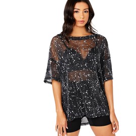 WDIRARA Women's Sheer See Through Short Sleeve Mesh Top Tee Blouse Black Galaxy XXXL