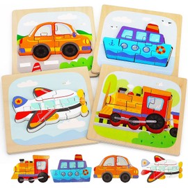 PELOSTA 4Pcs Wooden Toddler Puzzles for Boys Girls Age 1-3,Traffic Shape Montessori Toys,Early Learning Preschool Educational Toys Gifts for 1 2 3 4 5 Years Old Toddlers(Contains Storage Bag)