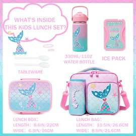 Mermaid Bento Box for Kids Lunch Box for Girls Bento Lunch Box for Kids with 5 Compartments Stainless Steel Water Bottle, Lunch Bag, Ice Pack Set Back to School Supplies