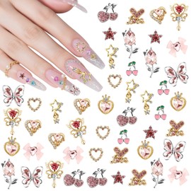 Vicloon 24 Pieces Nail Charms, Y2k Alloy Nail Art Rhinestone Charms, 3D Charm Nails, 3D Heart Star, Bow with Rhinestones, Nail Art, Rhinestone Charm, for DIY Nail Art Design