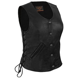 True Element Womens Longer Length Motorcycle Leather Vest With Side Laces (Black, Size 2XL)