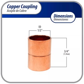 Appli Parts AP-A012 1/2 in Wrot Copper Coupling fitting CxC Sweat connections fo