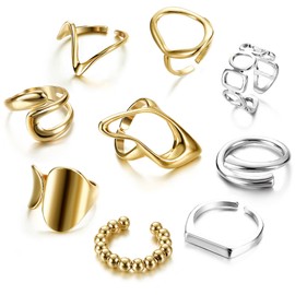 MILACOLATO 9 Pcs Gold Chunky Rings for Women 18K Gold Plated Ring Set Dome Thick Open Rings Adjustable Gold Silver