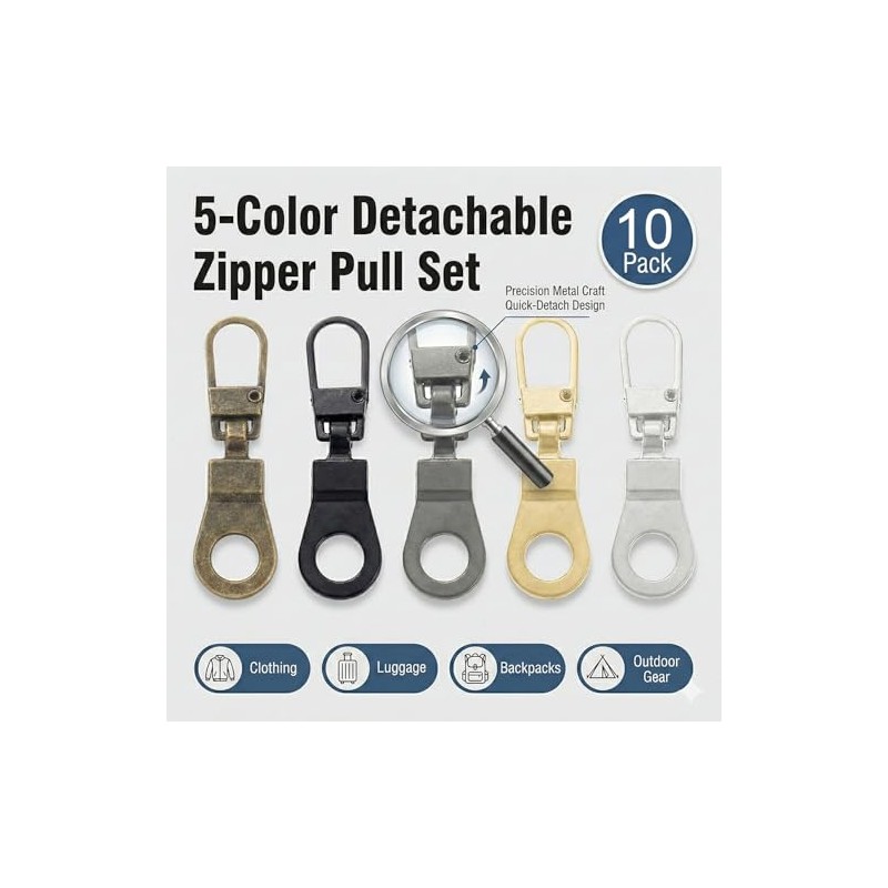 10PCS Adjustable Zipper Pull Replacement Set,Removable Zipper Pullers,Detachable Zippers Tabs