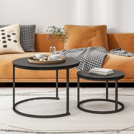 HOJINLINERO Round Coffee Table Set of 2 End Tables for Living Room,Black Coffee Table Nesting Tables,Living Room Table Wooden Accent Furniture Metal Frame,Sturdy Stacking Side Tables,Easy Assembly