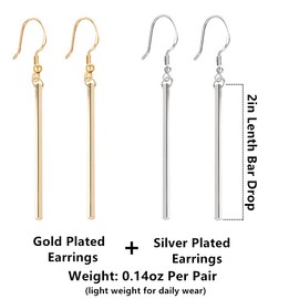 CULOVITY 2 Pairs Simple Elegant Bar Drop Earrings Minimalist Lightweight Slim Bar Earrings Classic Daily Wear Jewelry for Women Silver Plated and Gold Plated