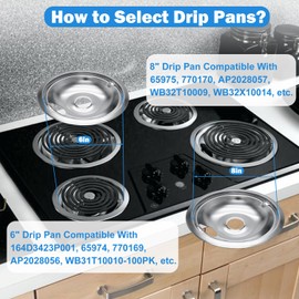 SANYCASA WB31T10010 WB31T10011 Electric Stove Drip Pans Perfect Fit for Hotpoint GE Electric Range, No-Bend Chrome Stove Burner Drip Pan, 4 Pack Includes 2 6-Inch and 2 8-Inch Drip Bowl Pans, Sliver
