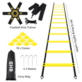 GHB Pro Agility Ladder Soccer Kick Trainer Set 20ft 12 Rung 10 Cones and 4 Stakes Speed Agility Football Training Equipment with Carrying Bag (Yellow)