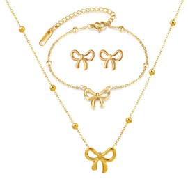 Bow Necklace Earrings Bracelet Set for Women,Gold Plated Trendy Bowknot Ribbon Choker Necklace Jewelry Set Daily Jewelry Accessory
