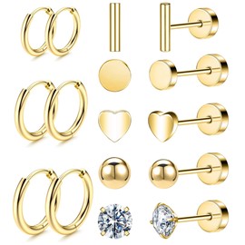 Versatile 8 Pairs Titanium Earrings for Sensitive Ears - Dot Ball Opal Cubic Zirconia, 20 Gauge, Pure Titanium Stud and Hoop Earrings Set - G23 Titanium Earrings with Flat Back for Women (B-Gold)