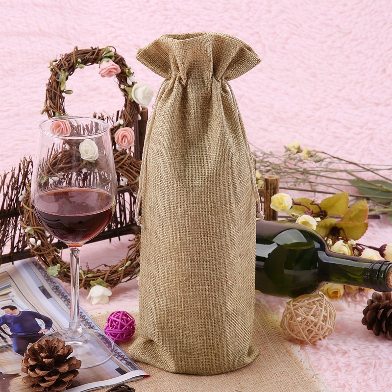12pcs Simple Linen Fabric Wine Bag with Drawstring Champagne Decorative