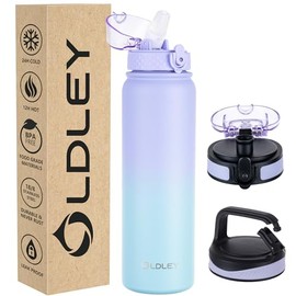Oldley Insulated Water Bottle with Straw 32oz Stainless Steel Water Bottles with 3 lids Double-Wall Vacuum Thermal for Adults School Sports,Ombre Purple-Blue