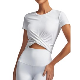 kakola Women's Twist Front Workout Crop Top Ribbed Summer Causal Short Sleeve Tshirts White