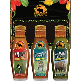 African Dream Foods Mild to Spicy Sauce Gift Pack - Jalanasco - Fermented Jalapeno, Lemon & Garlic Peri-Peri, Bird’s Eye Chili | Vegan and All-Natural | Made in South Africa | 5 fl oz Bottles, 3PK