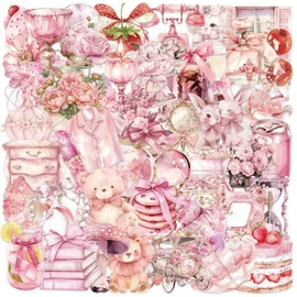 50Pcs Transparent Pink Aesthetics Stickers, for Scrapbooking, Journaling, Photo Albums, Collage, and Cards Romantic Stickers for Girls