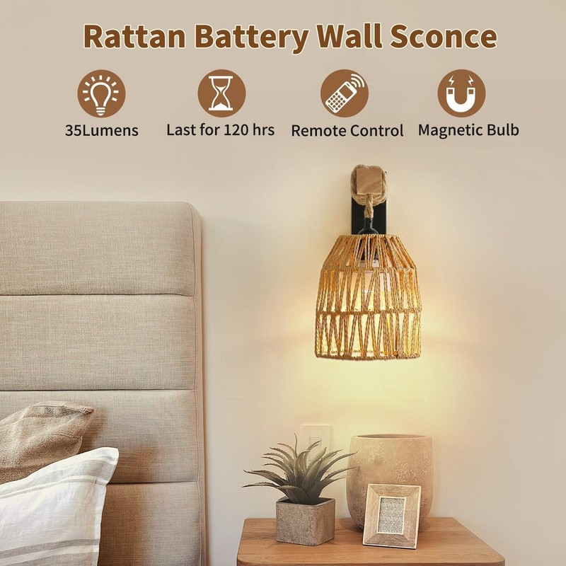 Espossi Battery Operated Wall Sconce, Boho Battery Wall Sconces Set