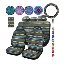 Frienda 14 Pcs Baja Car Seat Covers Full Set Multicolor Stripe Boho Print Steering Wheel Cover Seat Belt Cover Crystal Hanging Ornament Car Holders Fits (Bohemia Style)