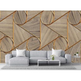 Wmjurel Golden Stripes and Circles and Imitation Wood Grain Wallpaper, Large Wall murals for bedrooms, Living Rooms, restrooms(Non-self-Adhesive)