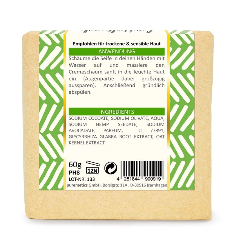 puremetics Gesichtspflegeseife 'Hanf' | Zero Waste, plastikfrei und vegan |