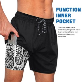 Cozople Men's Bathing Suits Quick Dry Compression Swim Trunks 5.5" Stretch Boxer Brief Liner Swim Shorts Lightweight Pineapple Print Boardshorts Swimwear for Summer Size XLarge Black