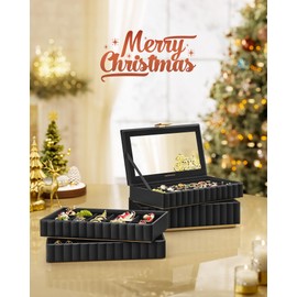 SONGMICS HOME ANAH Collection - Stackable Jewelry Box with Mirror, 4-Tier Jewelry Storage Organizer, PU Surface with Stitching, Floating Effect, 6.7 x 11 x 8 Inches, Christmas Gift, Ink Black