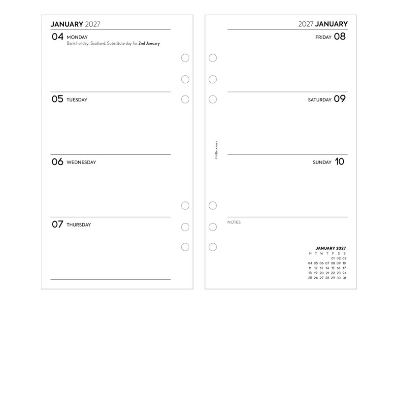 2027 Week on Two Pages Diary Refill Compatible with Filofax