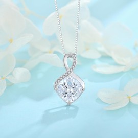 FJ Birthstone Necklaces for Women 925 Sterling Silver Infinity Square Princess Cut Cubic Zirconia Pendant Necklace April Birthstone Jewellery Gifts for Her