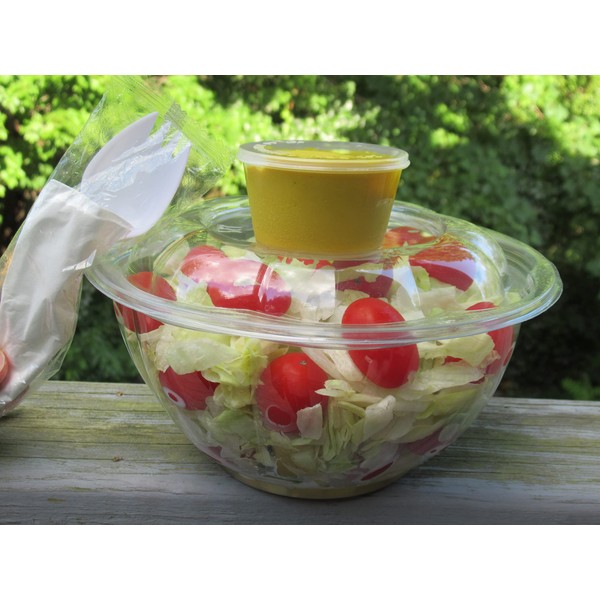 Decony Plastic Salad Bowls togo with Airtight Lids [plus 2 oz. Sauce cups and Cutlery Kit ] , 32 Oz. - 25 sets