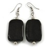 Black Glass Square Drop Earrings In Silver Tone - 60mm