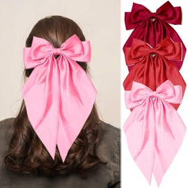 Red and Pink Hair Bows for Women Girls, Oversized Large Coquette Bow Aesthetic Hair, Silky Satin Long Tail Bowknot Hair Ribbons Big Bow Clip Accessories Trendy Stuff