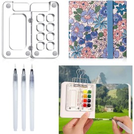 Portable Sketchbook Palette Set, 8 Compartments Transparent Mini Travel Paint Palette Paint Box for Watercolor Gouache Acrylic Painting with Watercolor Paper Journal Watercolor Brush Pens