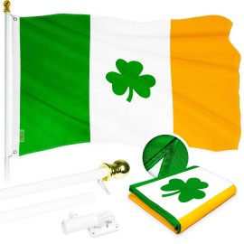 UD_G128 Combo Pack: 5 Ft Tangle Free Aluminum Spinning Flagpole (White) & Ireland Irish Shamrock Flag 2x3 Ft, ToughWeave Series