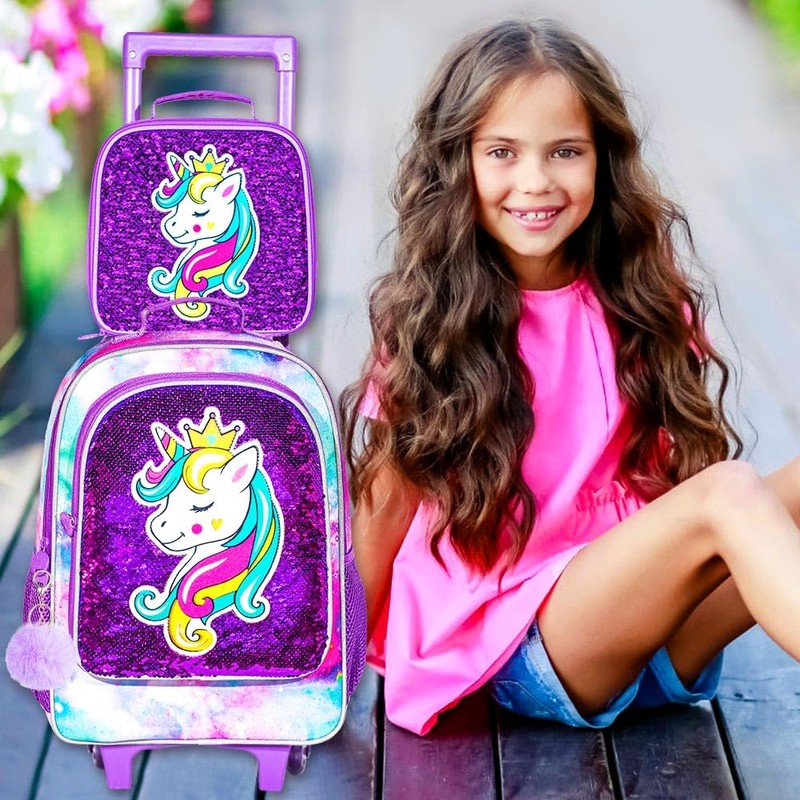 FTJCF 3Pcs Rolling Backpack for Girls, Kids Unicorn Roller Bookbag
