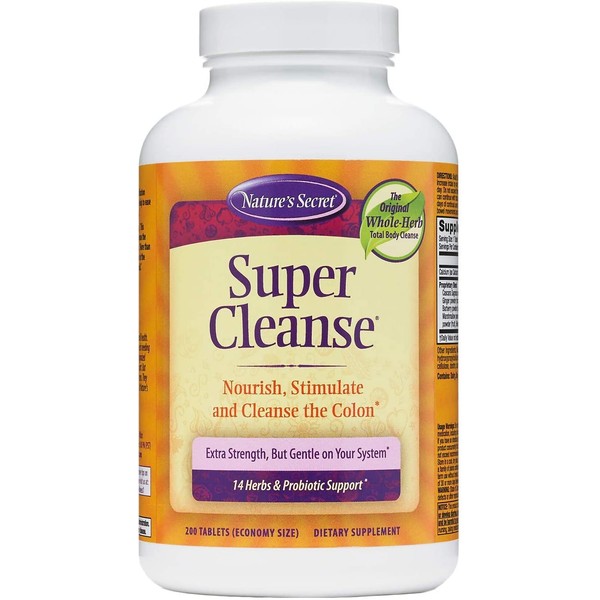 Nature's Secret Super Cleanse Extra Strength Toxin Detox & Gentle Elimination Total Body Cleanse, Digestive & Colon Health Support - Stimulating Blend of 14 Herbs with Probiotics - 200 Tablets