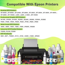DTF Ink 250ML Combo Pack DTF Transfer Ink for PET Film, Refill Ink for DTF Printer Ink for Epson ET-8550, L1800, R1390, R2400, XP-15000, Heat Transfer Printing Direct to Film (250ml x 6, 2Wh+BKCMY)