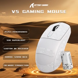 ATTACK SHARK V5 8000Hz Wireless Gaming Mouse,53G SUPERLIGHT,PixArt PAW3950MAX Sensor,Nordic 52840 MCU,BT/2.4G/Wired Mice with Coiled Cable,42KDPI,Ice-feel Coating,Ideal for Large Hands (White+Tape)