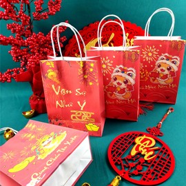 LOONELO Vietnamese New Year Party Favor Bags, 12pcs 2025 Snake Year Treat Gift Holders, Spring Festival Tết Việt Nam Candy Goodie Wrap Paper Bags for Vietnam Lunar New Year Party Tết Decorations