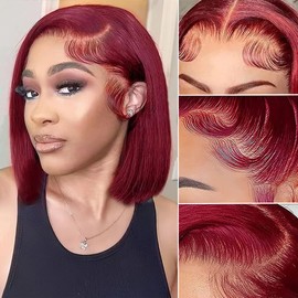 99j Burgundy Lace Front Bob Wigs Human Hair 13X4 Straight Lace Front Wigs Human Hair Bob 180% Density Red Bob Wig Human Hair Per Plucked with Baby Hair（99j Bob Wig Human Hair 12inch）
