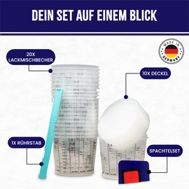 20 x Paint Mixing Cups with 10 x Lids, Made in Germany, 750 ml Mixing Cup with Scale – Mixing Cup – Includes Paint Stirrer and Set of 3 Body Spatula
