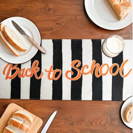Back to School Table Runner, Black and White Striped with School Bus Design, Welcome Decor 13*48 inch