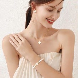 FTHMTN Clover Jewelry Set,Dainty Gold Four Leaf Clover Necklace, Clover Bangle Bracelet & Earrings Set,Lucky Charm Black & White Jewelry Gift for Women (Gold-White Set)